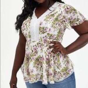 NWT Women’s Torrid 1X White Floral Peplum Chiffon Clip Dot Lace inset Top